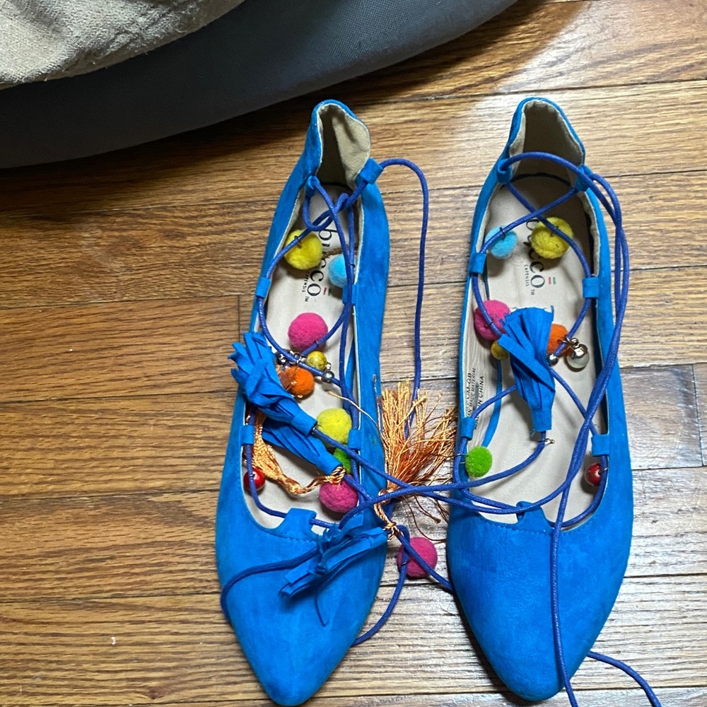 Sseko Blue Lace-Up Flats with Colorful Accents